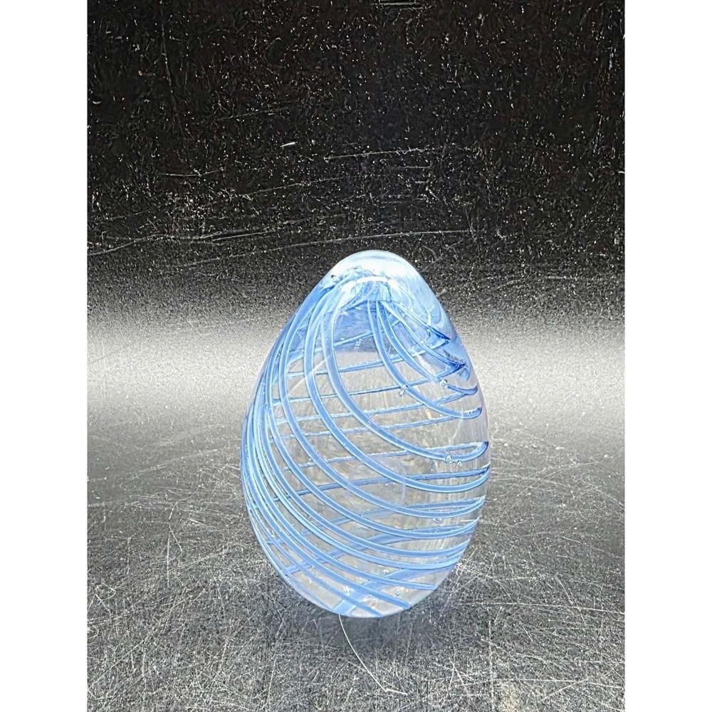 Miniature Blue Swirl Art Glass Egg Paperweight Clear Handmade Decor 2"